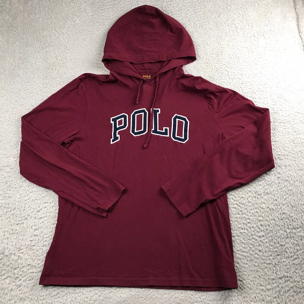 Polo Ralph Lauren Hooded T-Shirt Mens L Maroon Spellout Long Sleeve Hoodie
